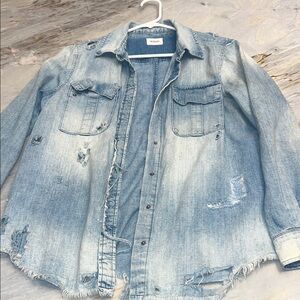 Hudson Jeans Oversized Distressed Denim Shacket Light Wash Blue Small Western